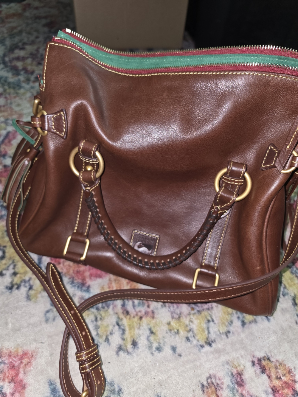 Dooney & Bourke Brown Leather Shoulder Bag with Red and Green Zippers